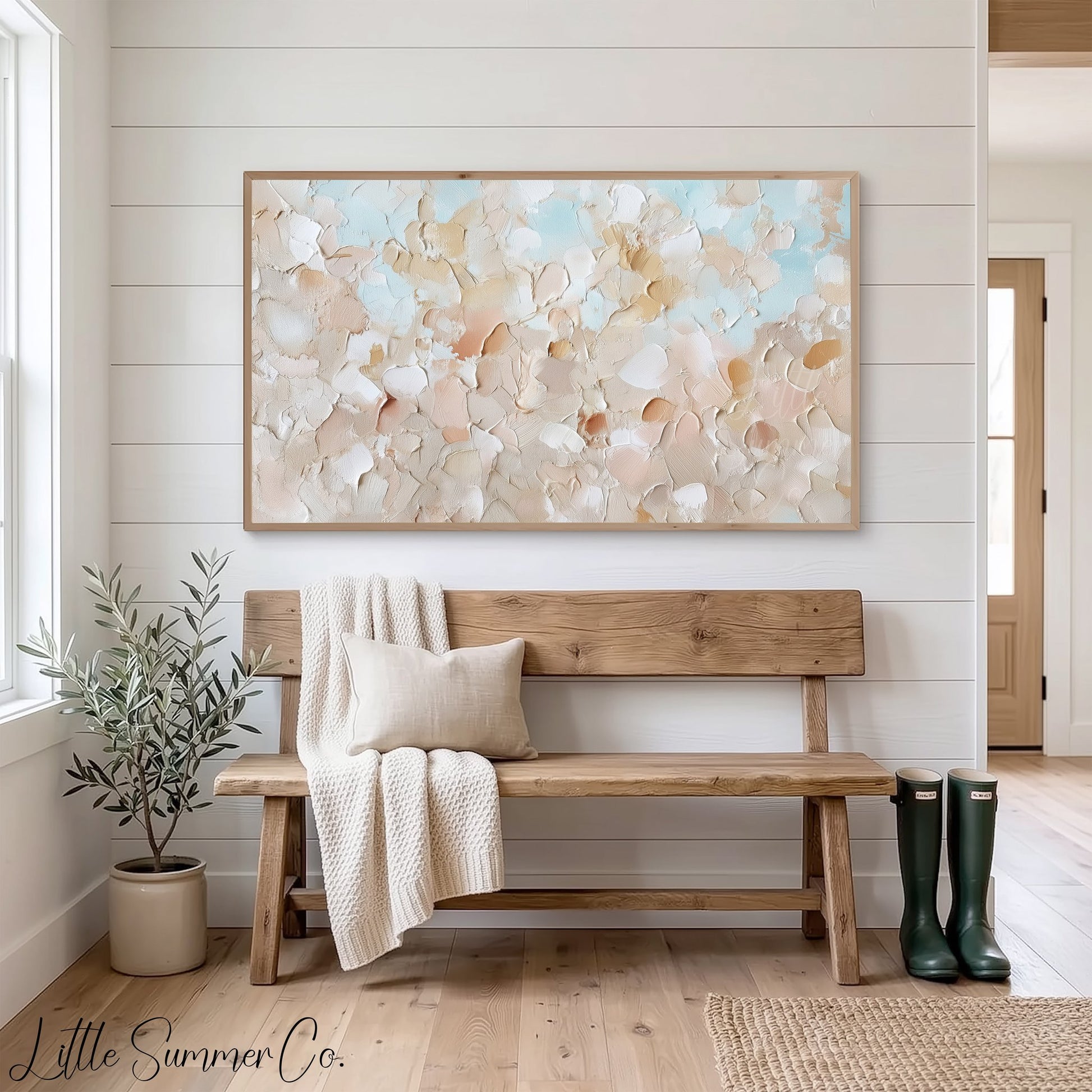 Sandy Beige Sky Blue Brushstroke Frame TV Art displayed on a TV