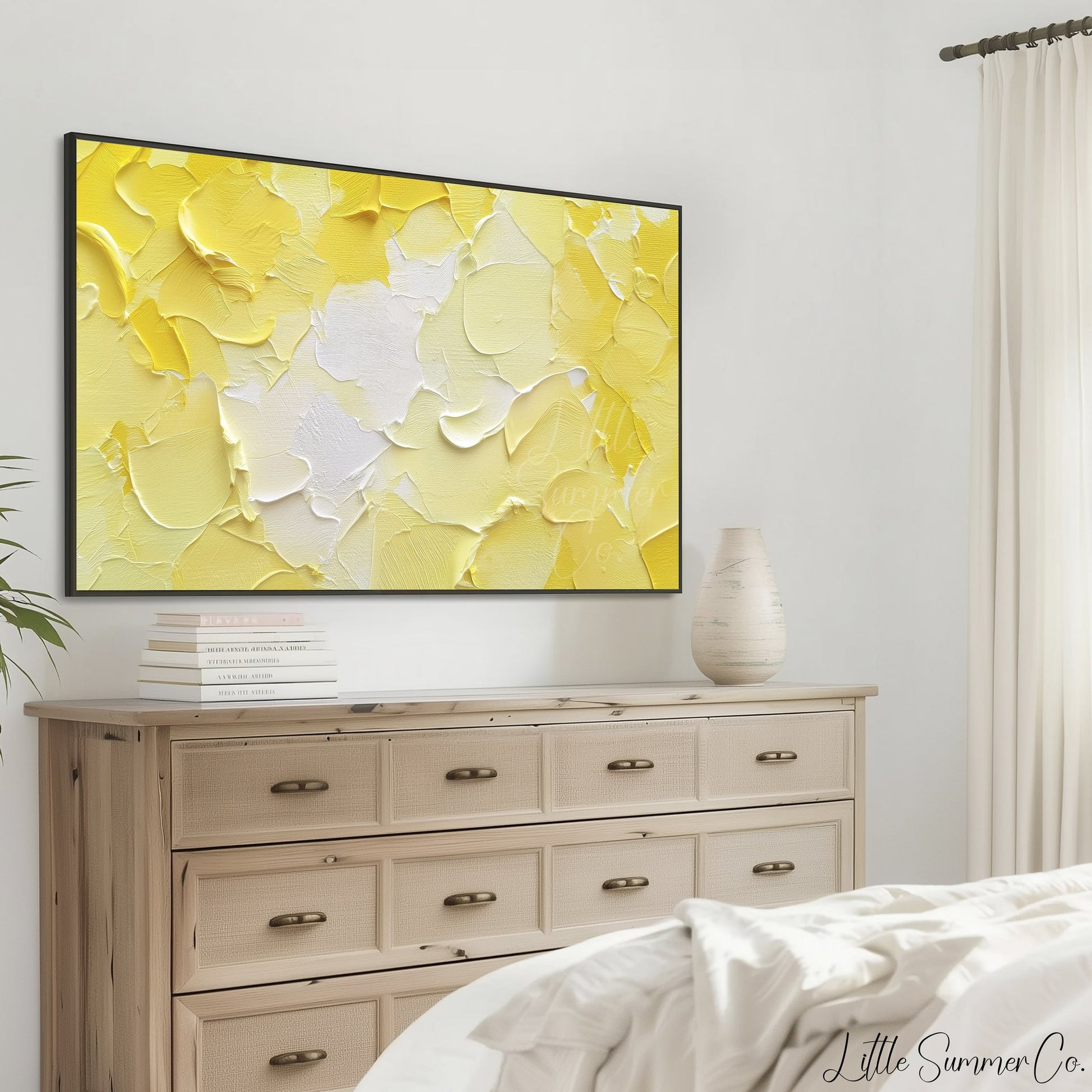 Bold Yellow White Brushstroke Frame TV Art displayed on a TV