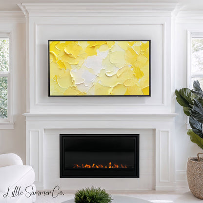 Bold Yellow White Brushstroke Frame TV Art displayed on a TV