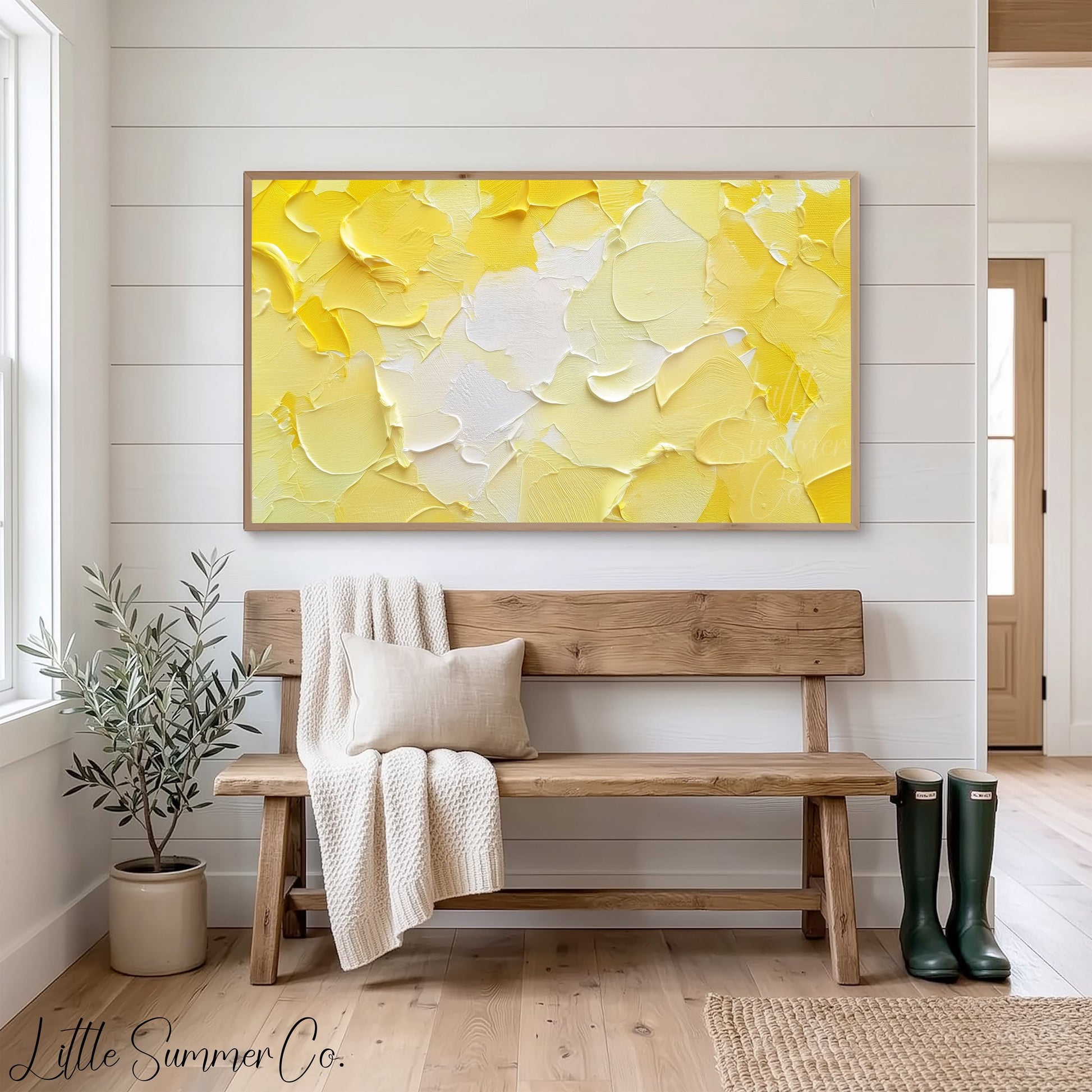 Bold Yellow White Brushstroke Frame TV Art displayed on a TV