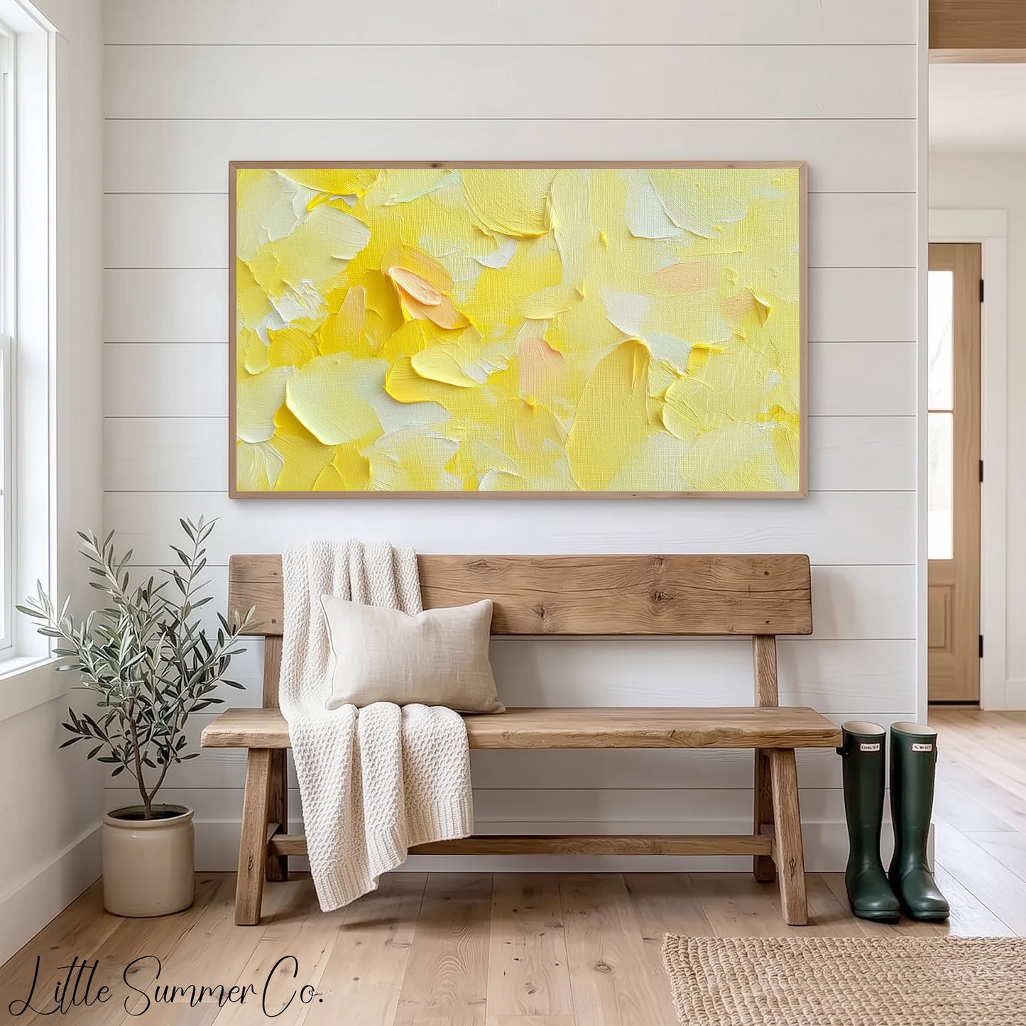 Sunny Yellow Brushstroke Frame TV Art displayed on a TV