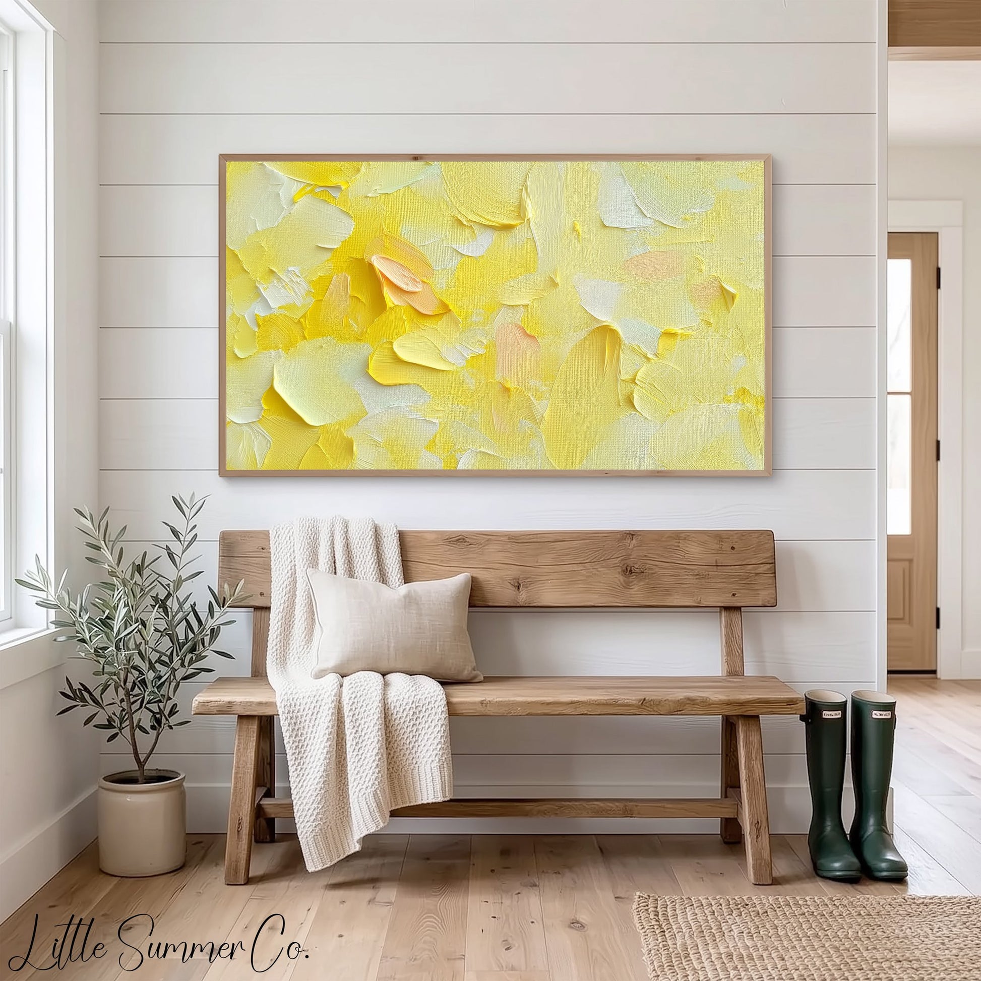 Sunny Yellow Brushstroke Frame TV Art displayed on a TV