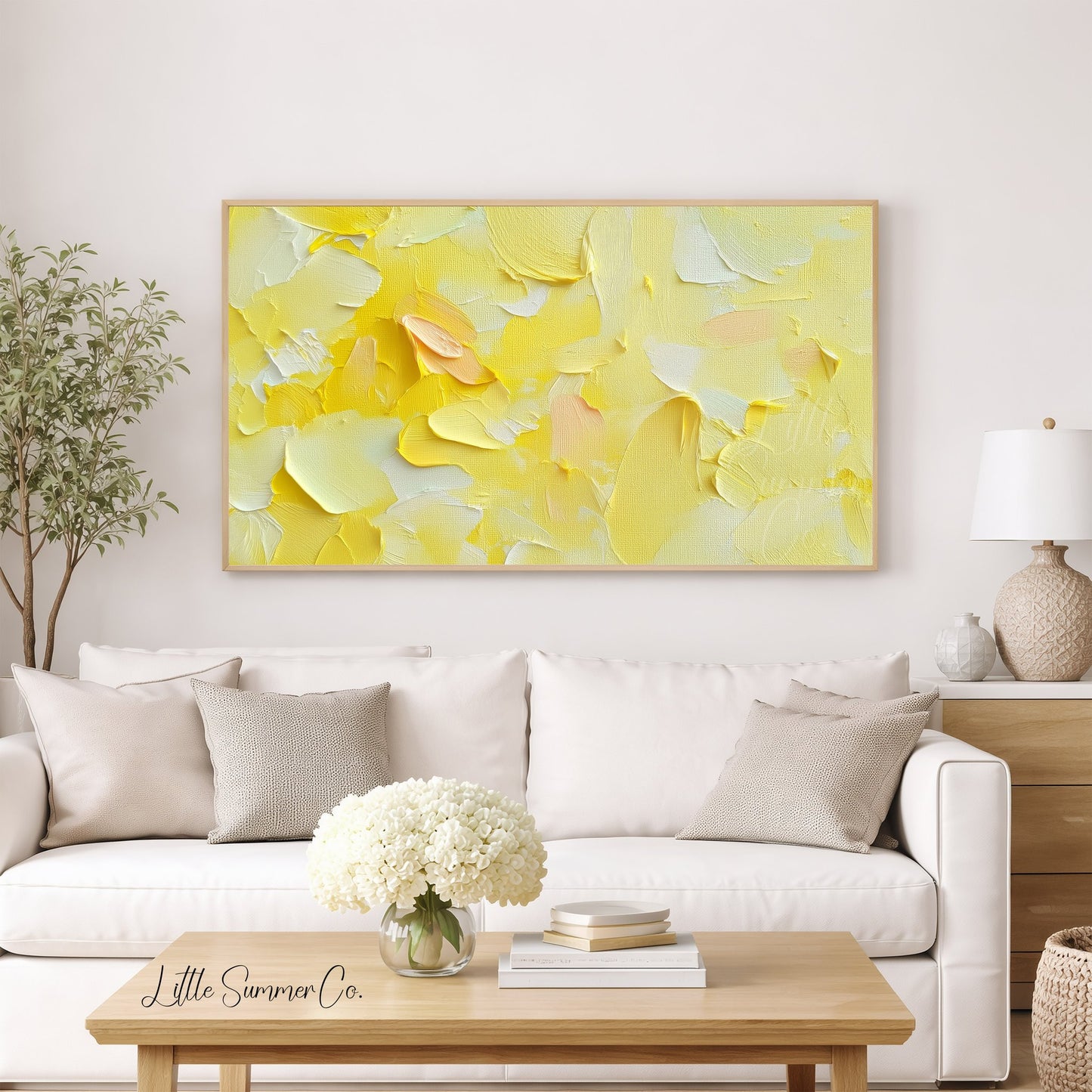 Sunny Yellow Brushstroke Frame TV Art displayed on a TV