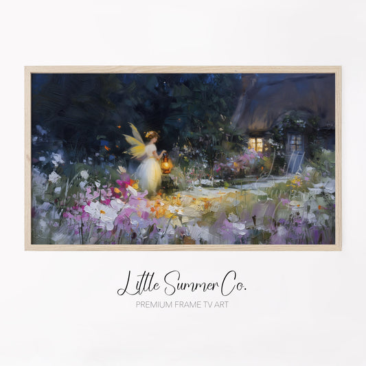 Fairy Garden Cottage Night Frame TV Art displayed on a TV
