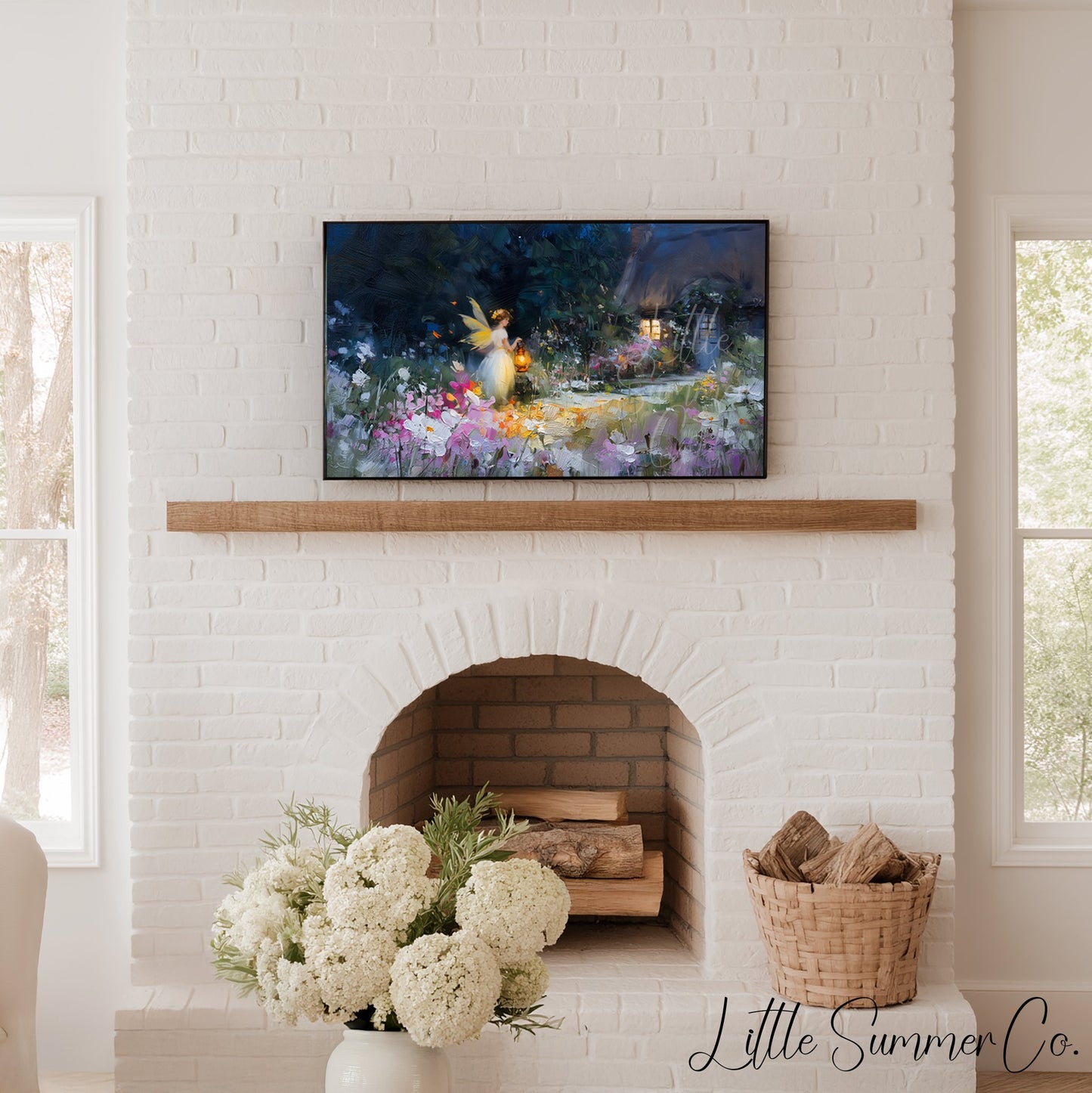 Fairy Garden Cottage Night Frame TV Art displayed on a TV
