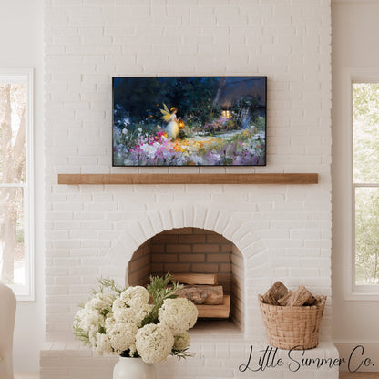 Fairy Garden Cottage Night Frame TV Art displayed on a TV