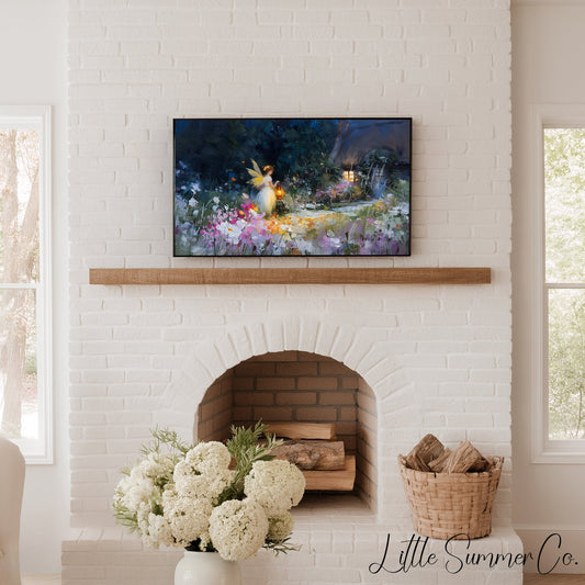Fairy Garden Cottage Night Frame TV Art displayed on a TV