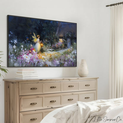 Fairy Garden Cottage Night Frame TV Art displayed on a TV