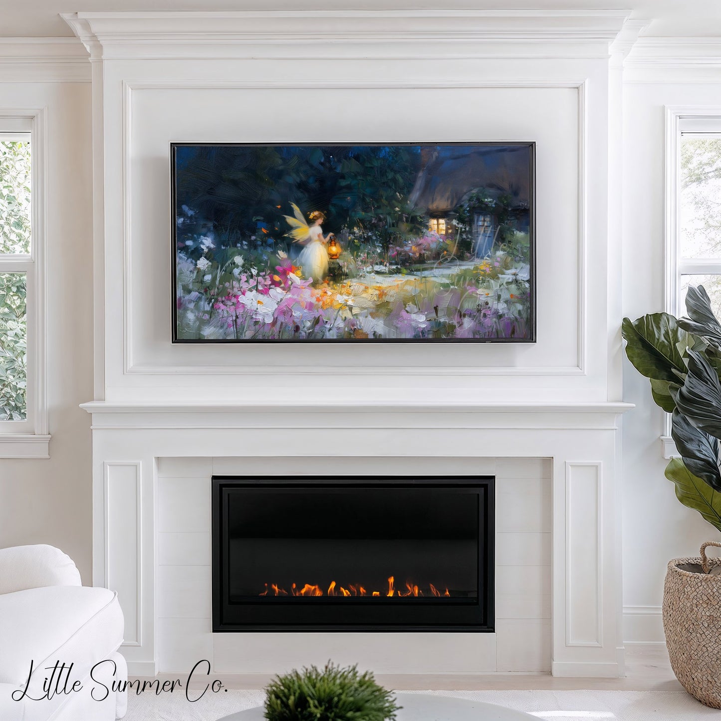 Fairy Garden Cottage Night Frame TV Art displayed on a TV