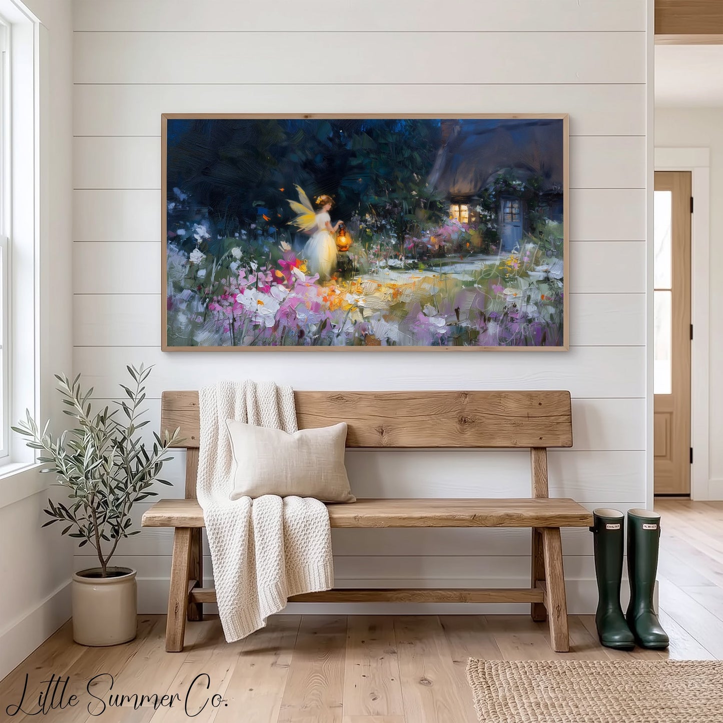 Fairy Garden Cottage Night Frame TV Art displayed on a TV