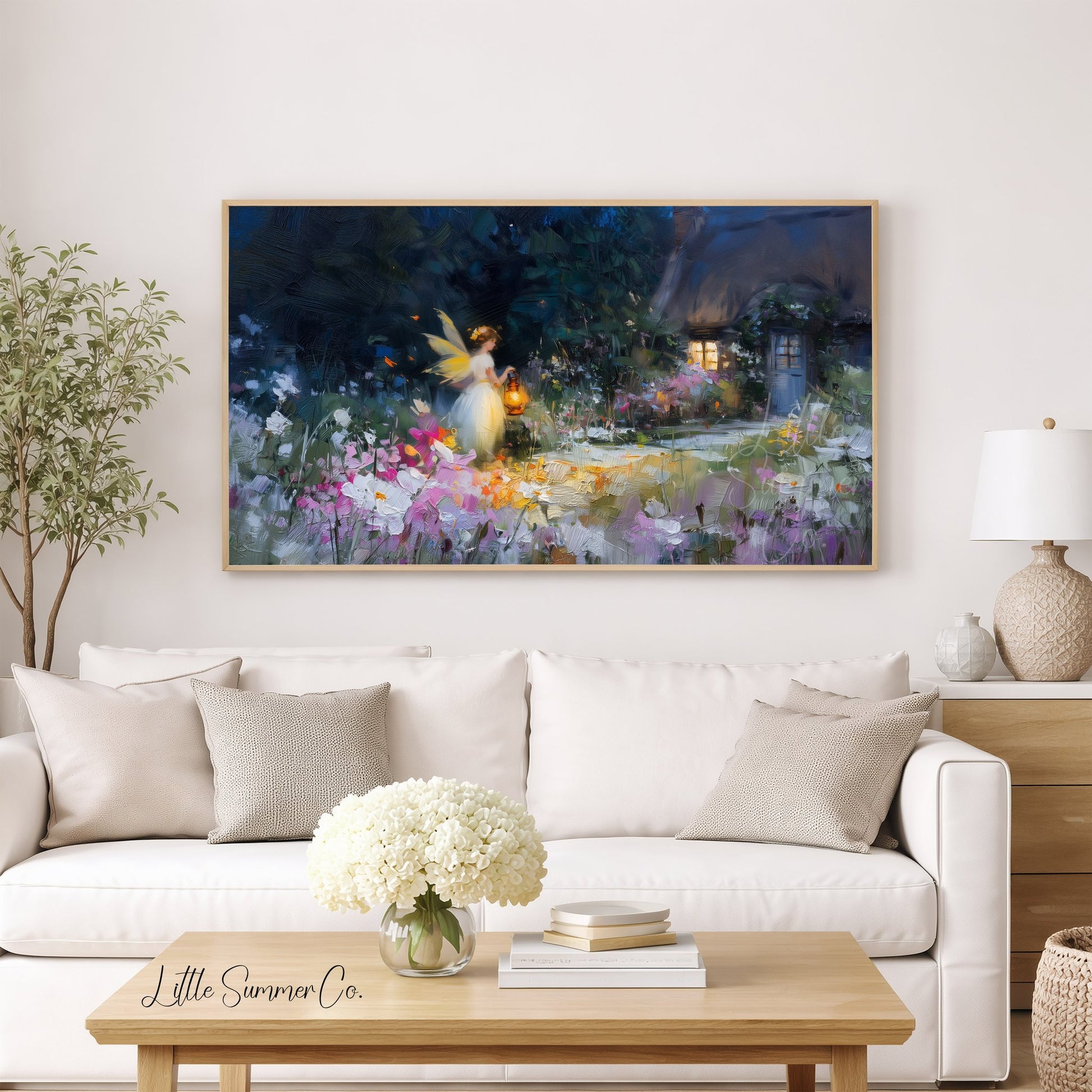 Fairy Garden Cottage Night Frame TV Art displayed on a TV