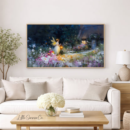 Fairy Garden Cottage Night Frame TV Art displayed on a TV