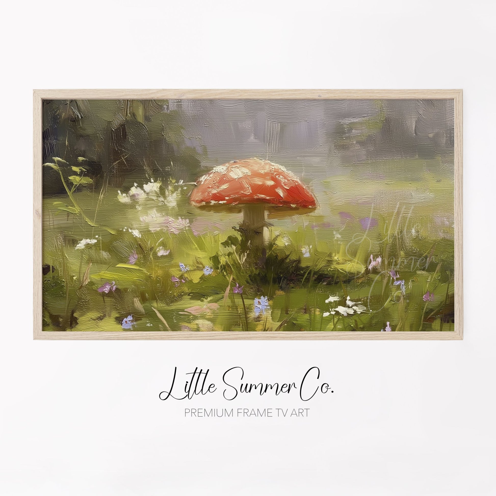 Red Mushroom Wildflower Meadow Frame TV Art displayed on a TV