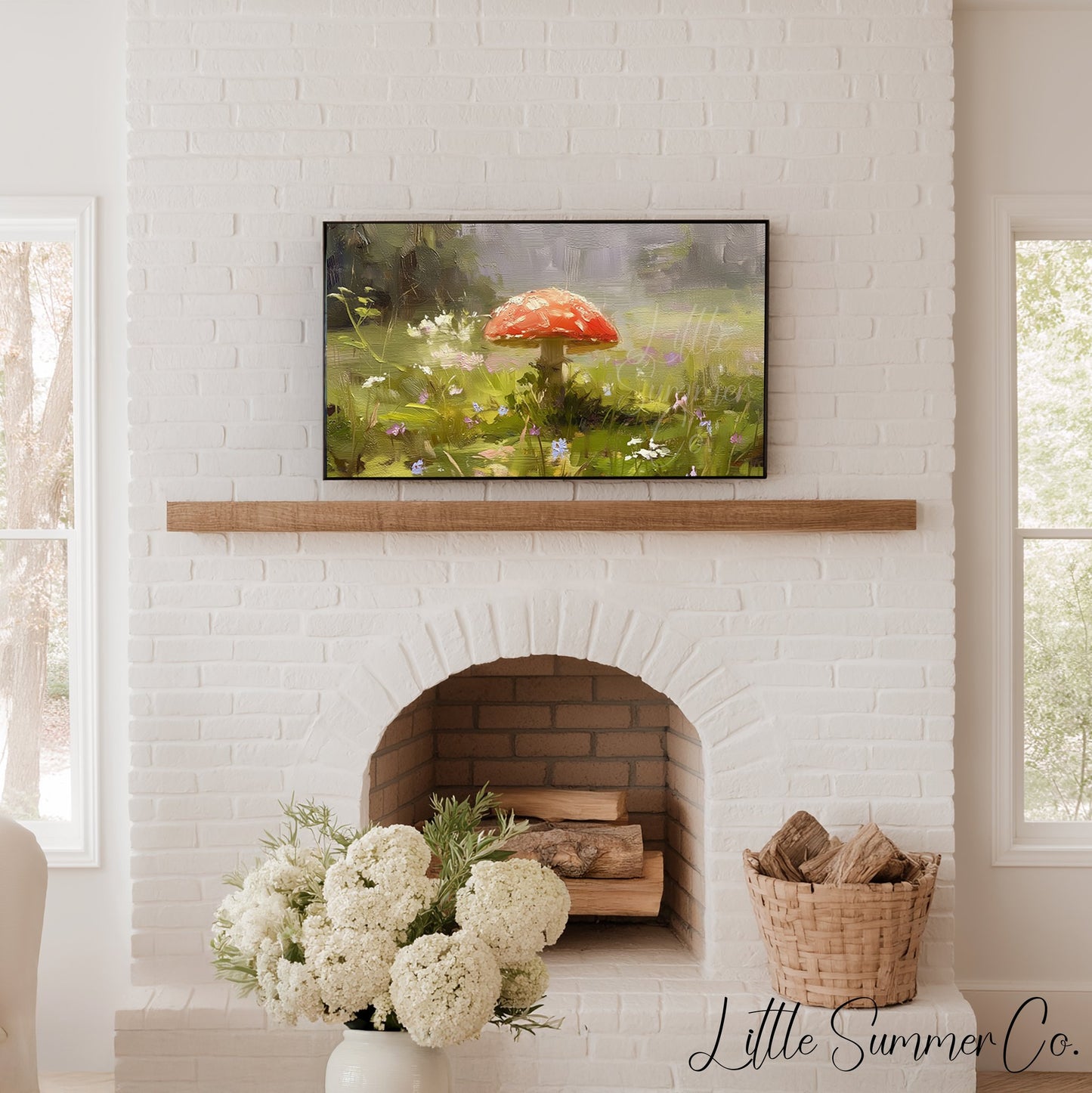 Red Mushroom Wildflower Meadow Frame TV Art displayed on a TV