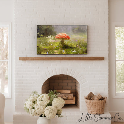 Red Mushroom Wildflower Meadow Frame TV Art displayed on a TV
