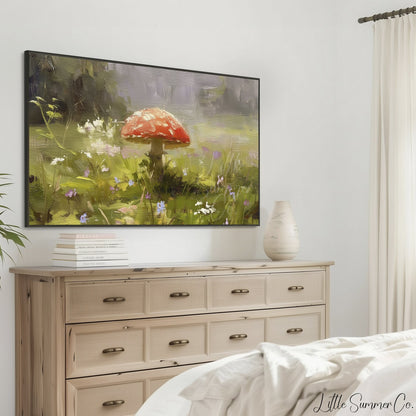 Red Mushroom Wildflower Meadow Frame TV Art displayed on a TV
