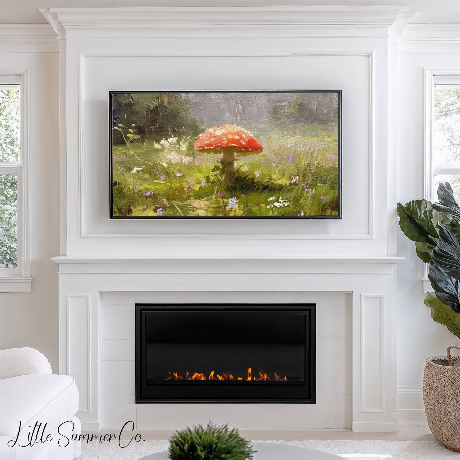 Red Mushroom Wildflower Meadow Frame TV Art displayed on a TV