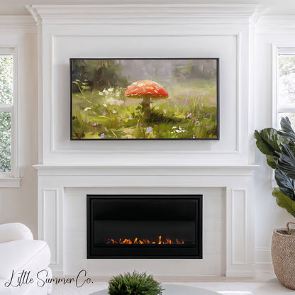 Red Mushroom Wildflower Meadow Frame TV Art displayed on a TV