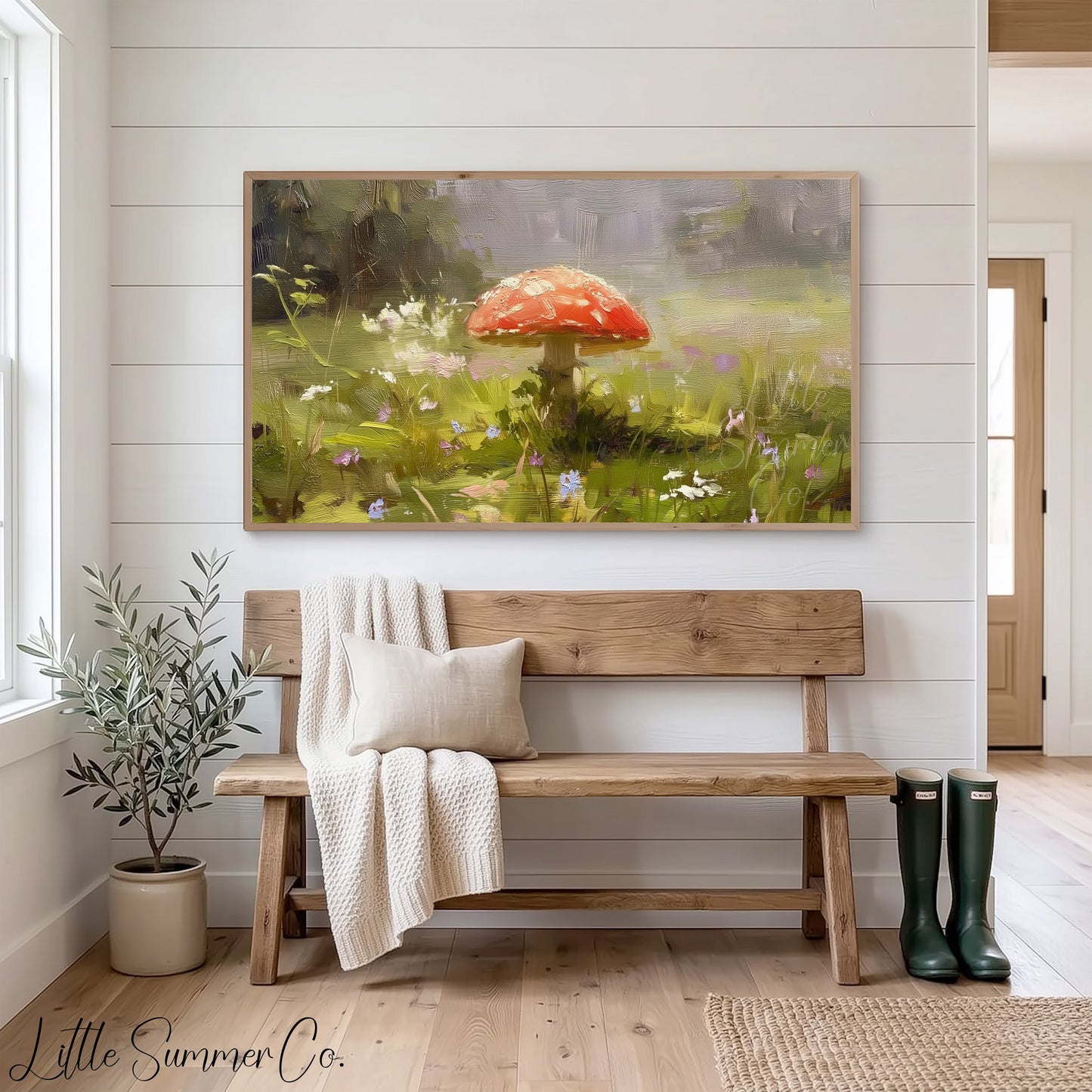 Red Mushroom Wildflower Meadow Frame TV Art displayed on a TV