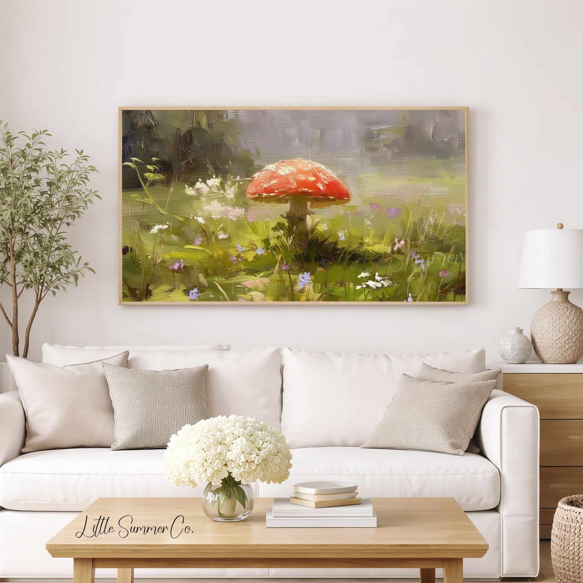 Red Mushroom Wildflower Meadow Frame TV Art displayed on a TV