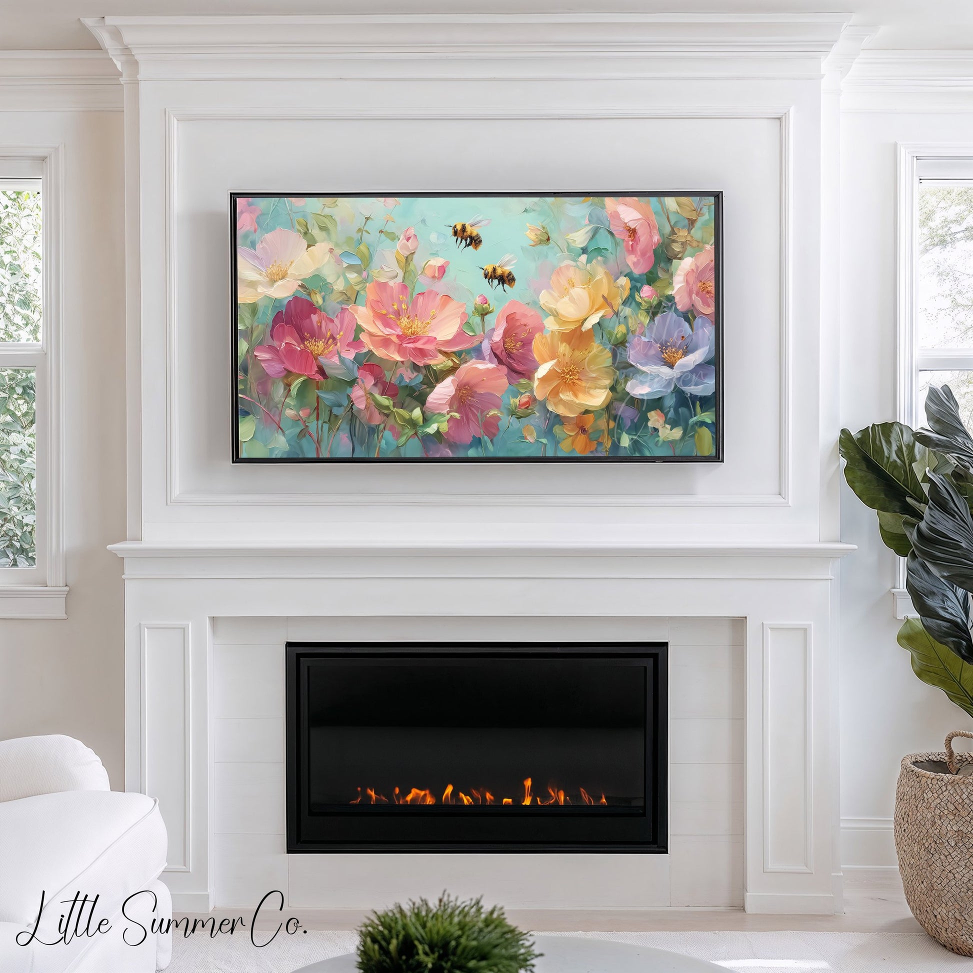 Bees And Flowers Frame TV Art displayed on a TV