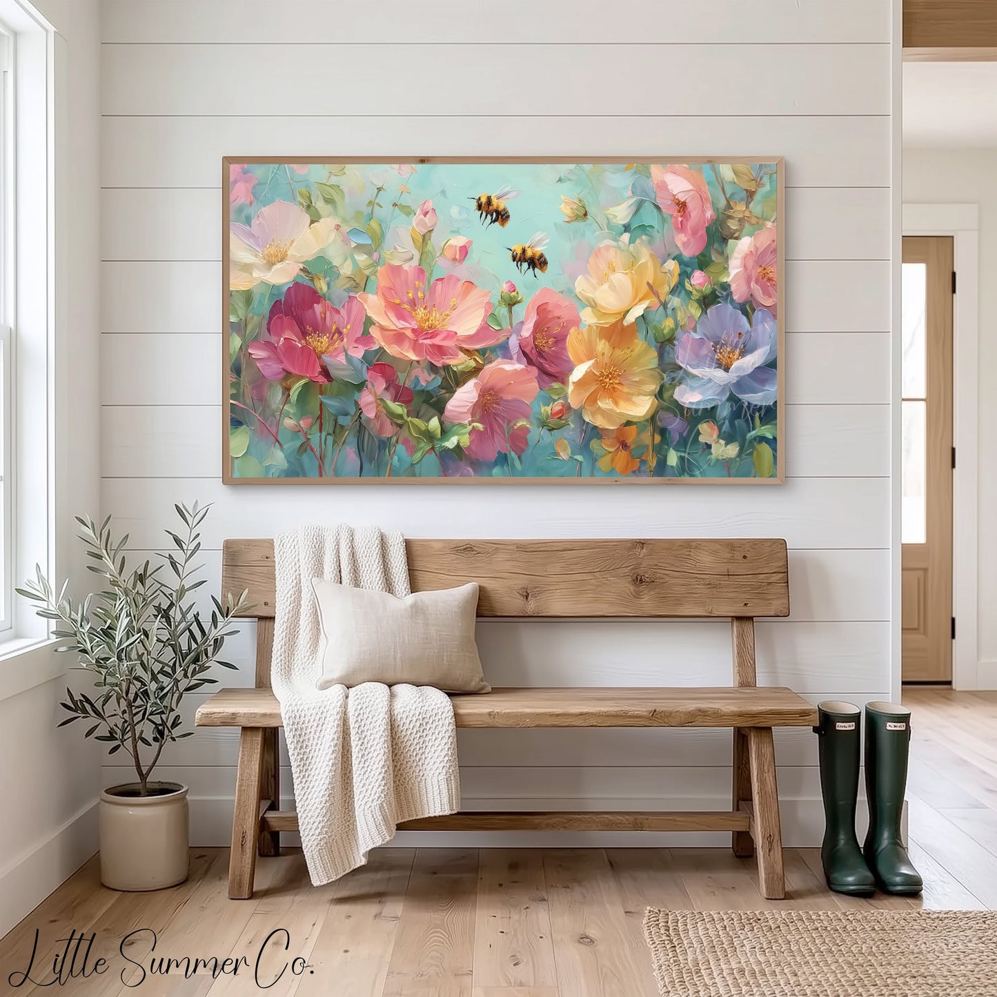 Bees And Flowers Frame TV Art displayed on a TV