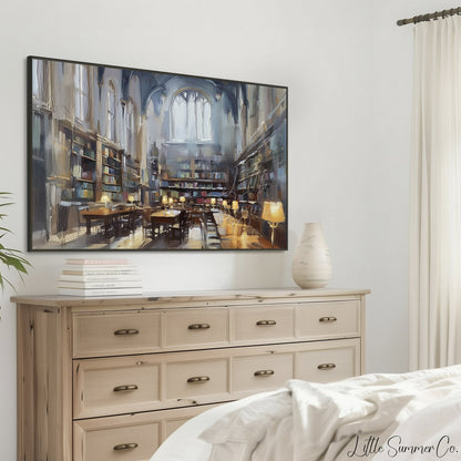 Grand Library Reading Room Frame TV Art displayed on a TV