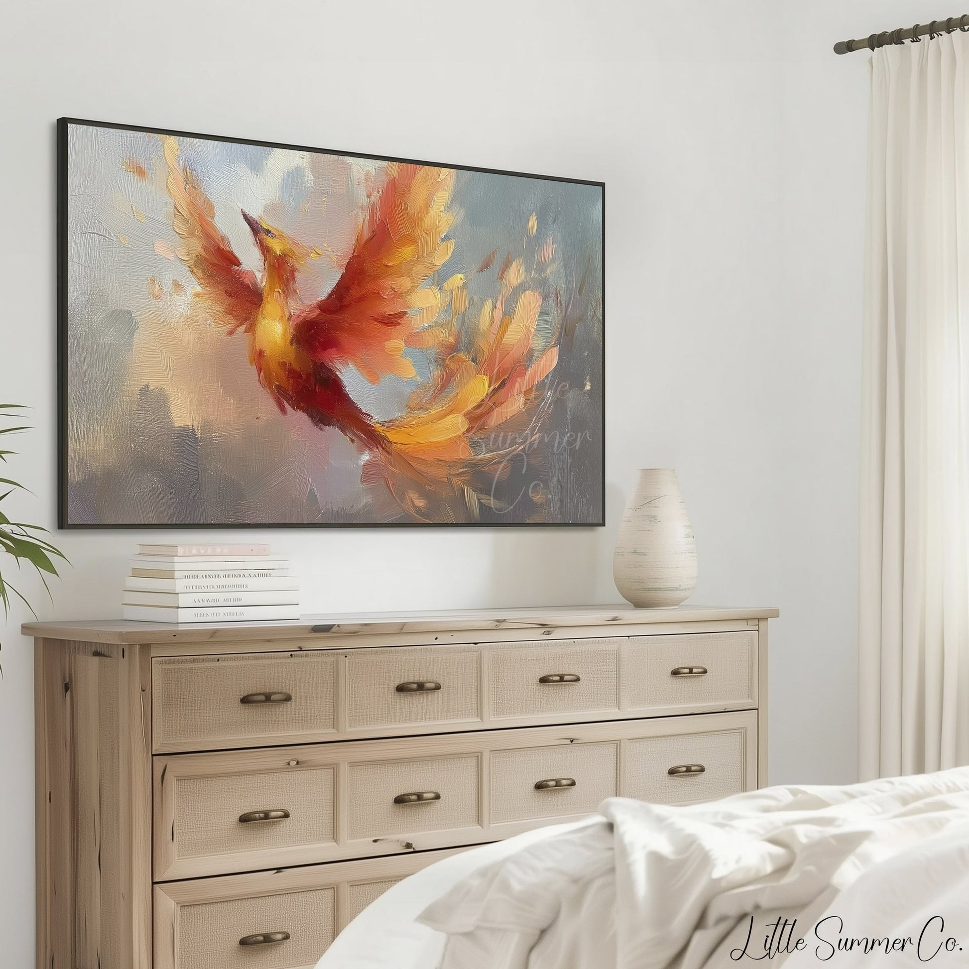 Phoenix Bird in Flight Frame TV Art displayed on a TV
