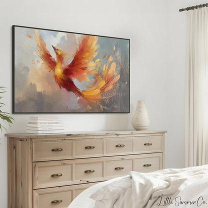 Phoenix Bird in Flight Frame TV Art displayed on a TV