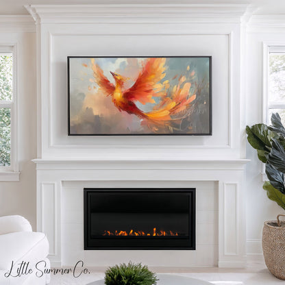Phoenix Bird in Flight Frame TV Art displayed on a TV