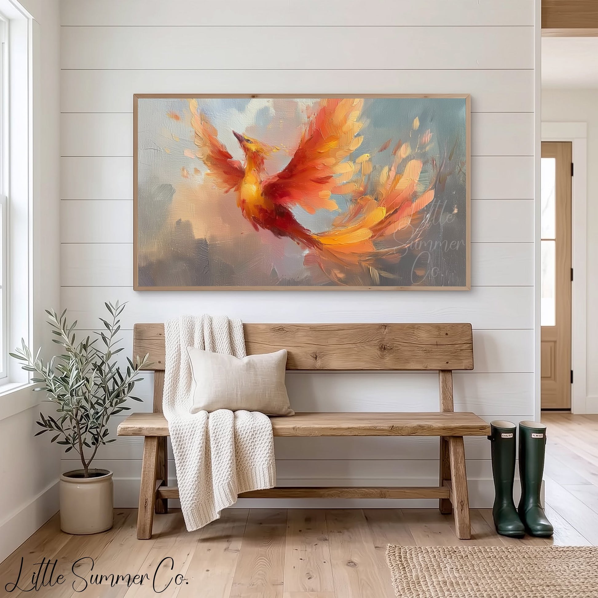 Phoenix Bird in Flight Frame TV Art displayed on a TV