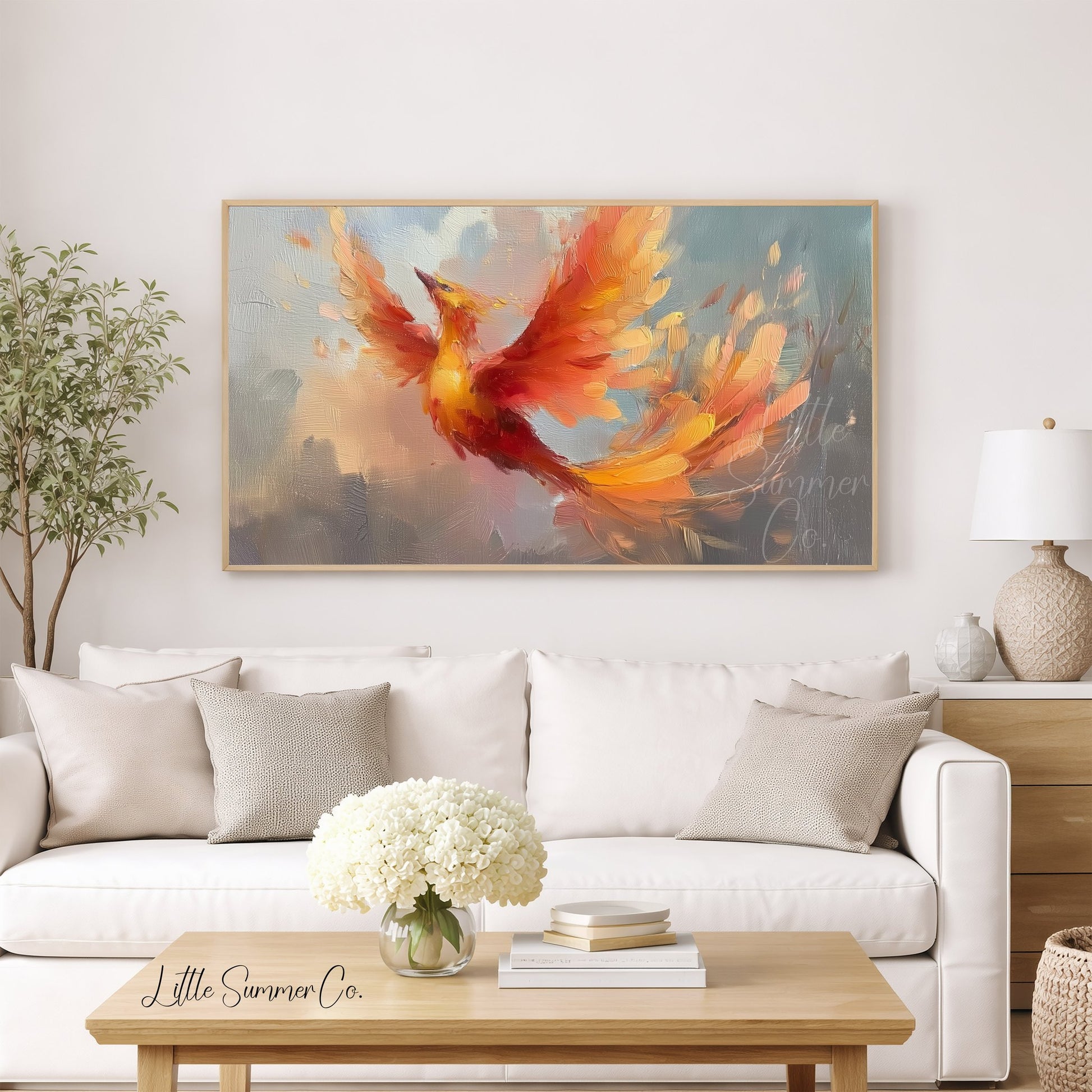 Phoenix Bird in Flight Frame TV Art displayed on a TV