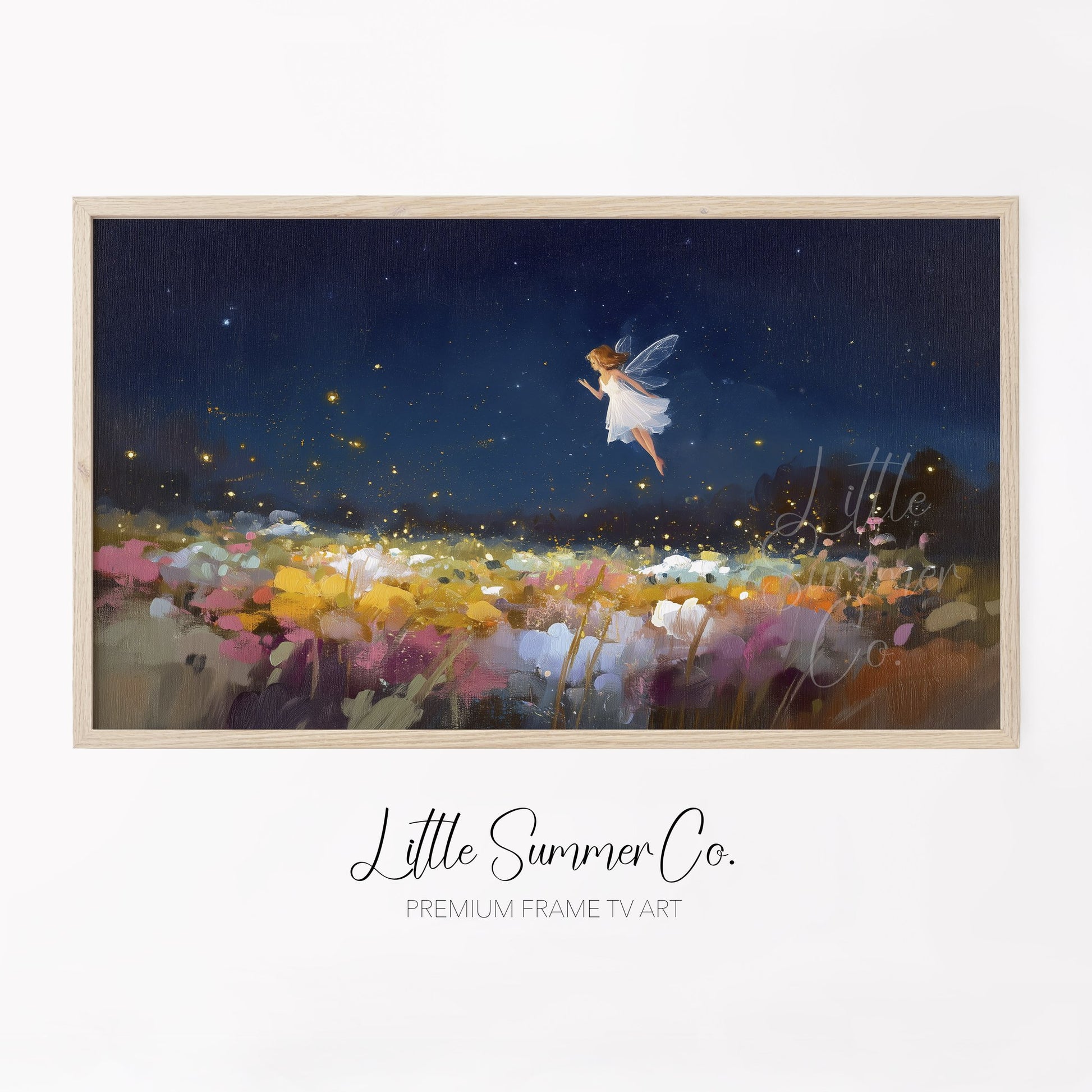 Fairy Over Flower Field Frame TV Art displayed on a TV