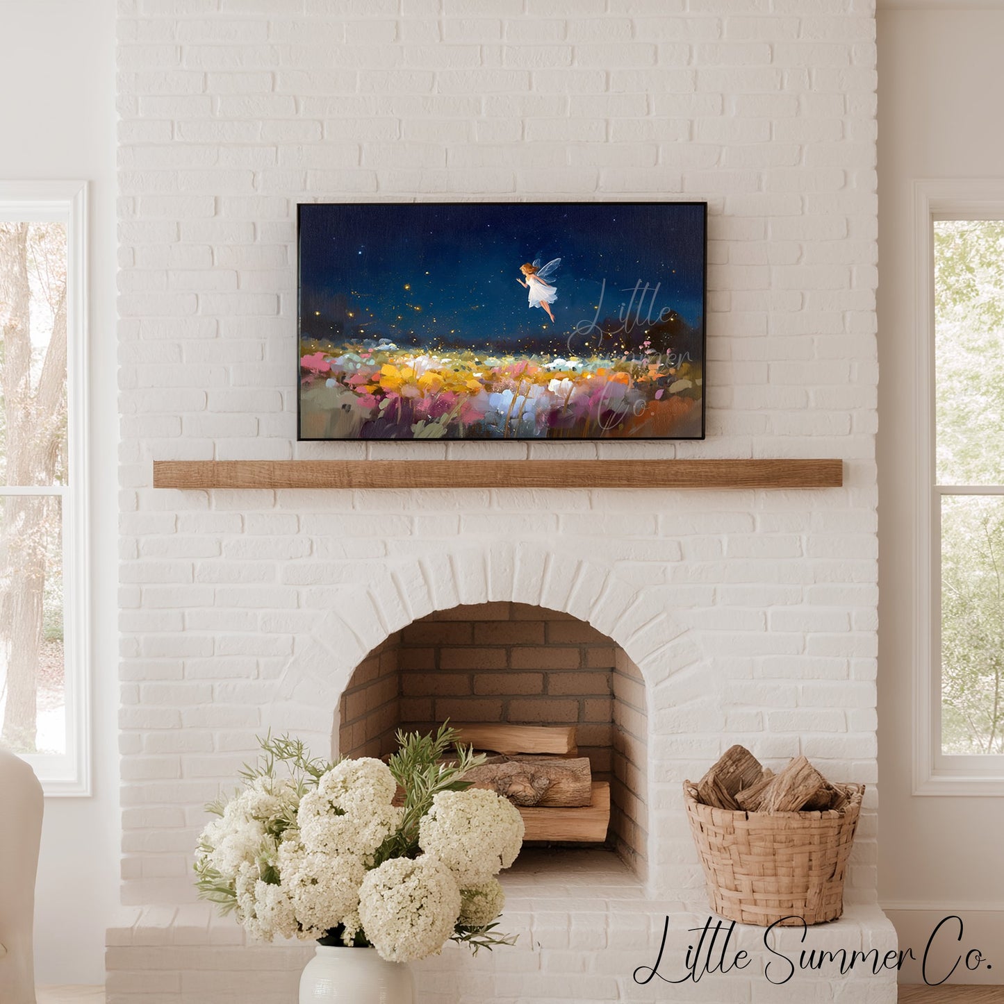 Fairy Over Flower Field Frame TV Art displayed on a TV