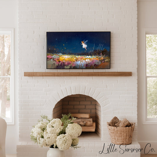 Fairy Over Flower Field Frame TV Art displayed on a TV