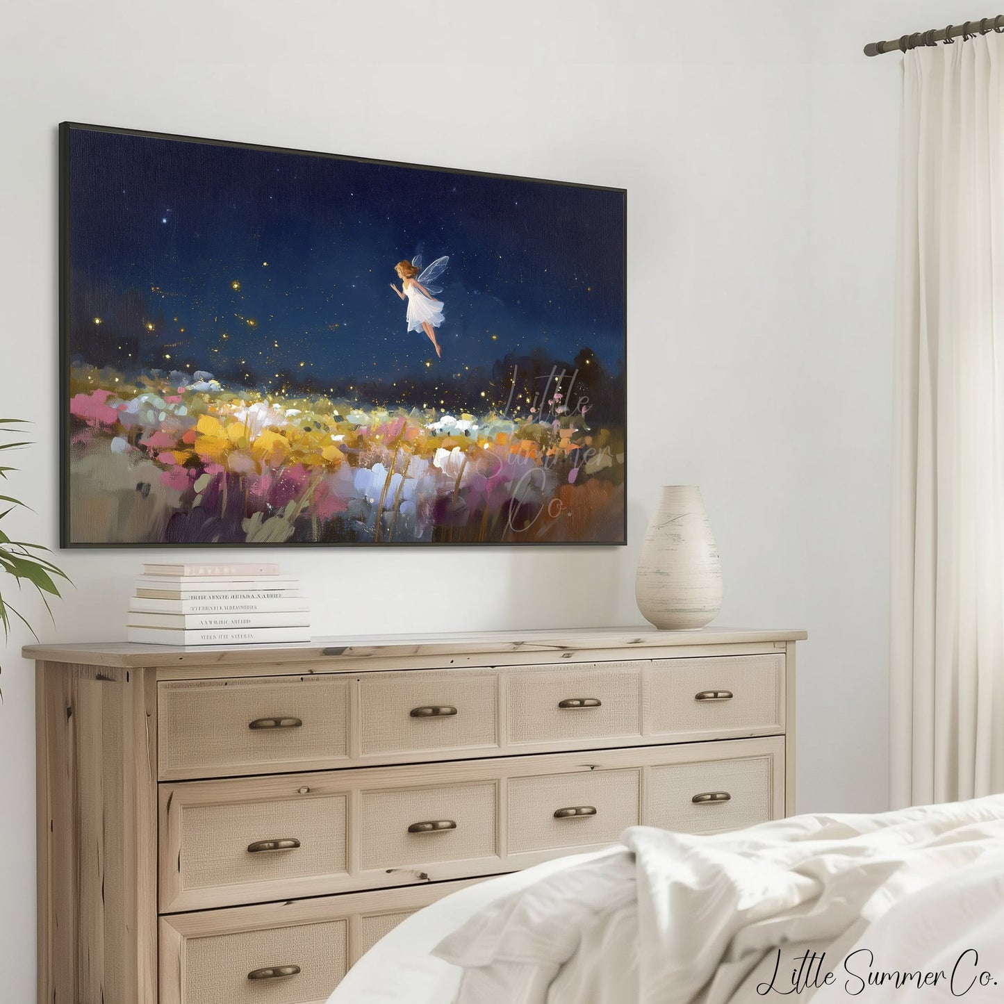 Fairy Over Flower Field Frame TV Art displayed on a TV