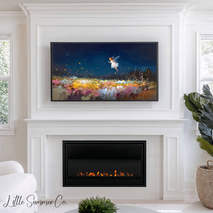 Fairy Over Flower Field Frame TV Art displayed on a TV