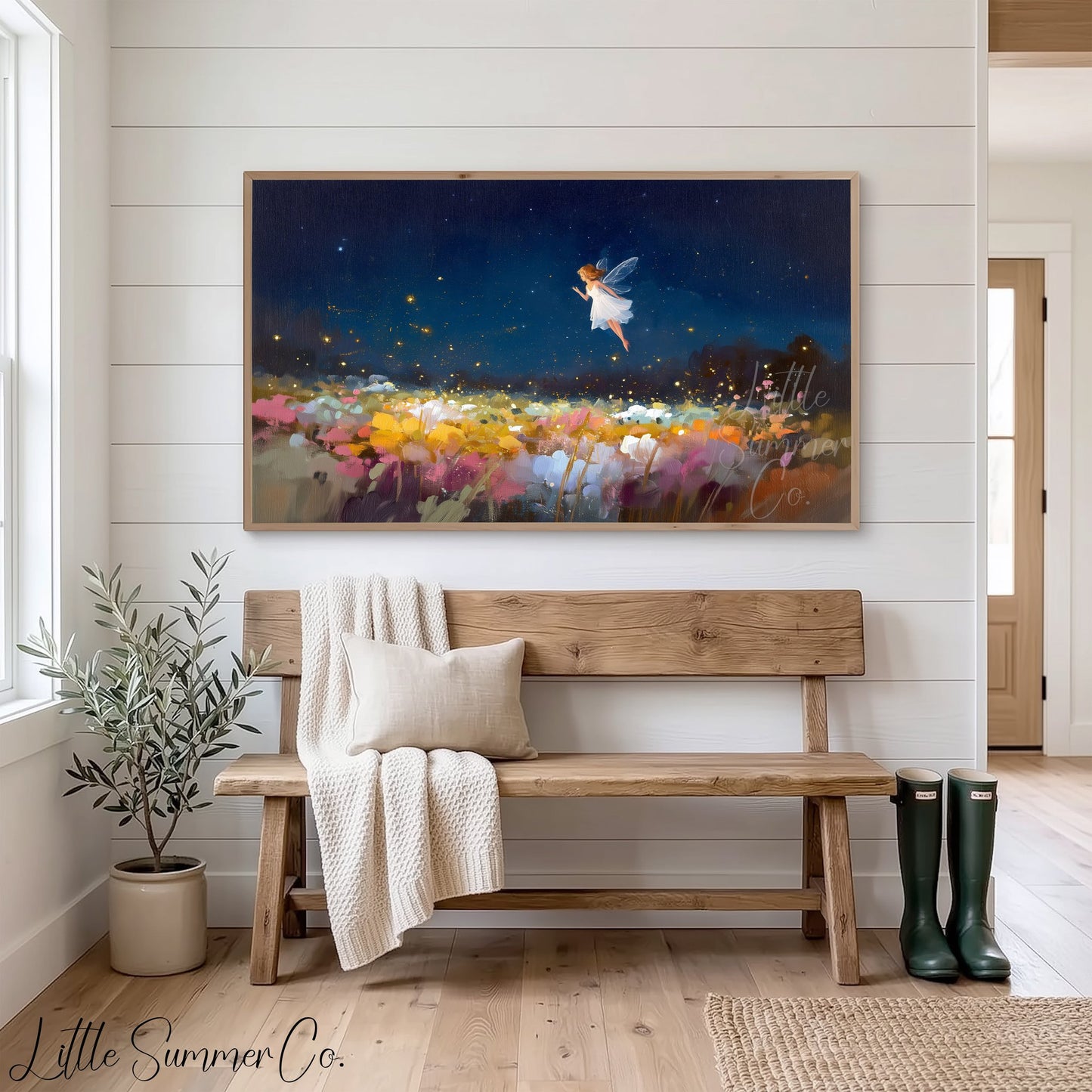 Fairy Over Flower Field Frame TV Art displayed on a TV