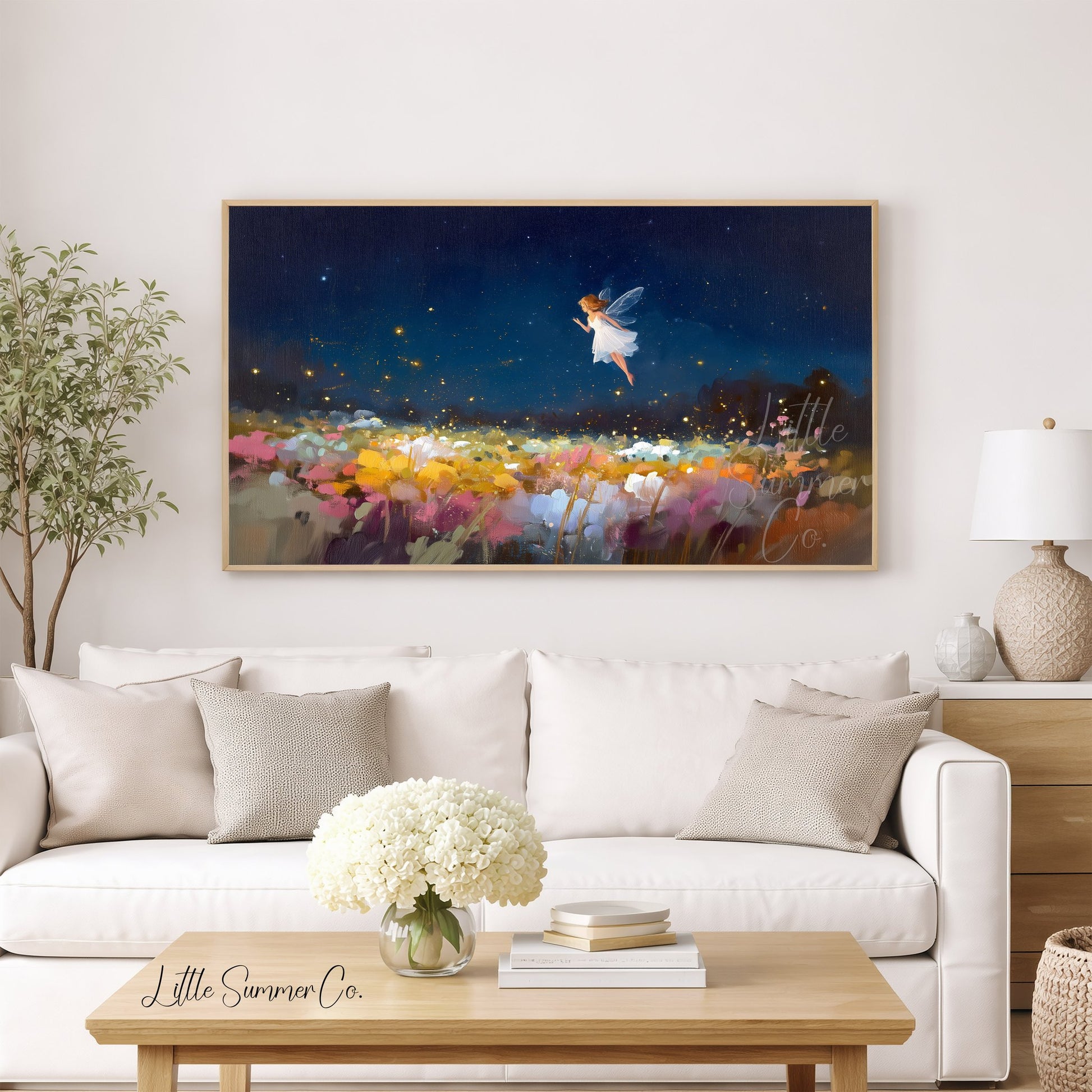 Fairy Over Flower Field Frame TV Art displayed on a TV