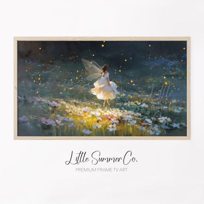 Fairy and Fireflies Frame TV Art displayed on a TV