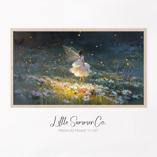 Fairy and Fireflies Frame TV Art displayed on a TV