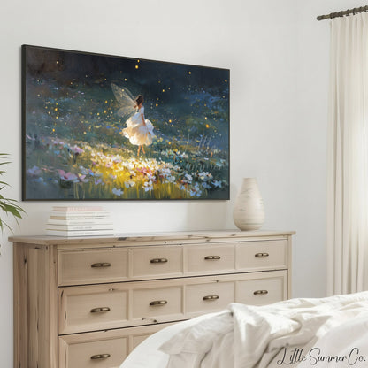 Fairy and Fireflies Frame TV Art displayed on a TV