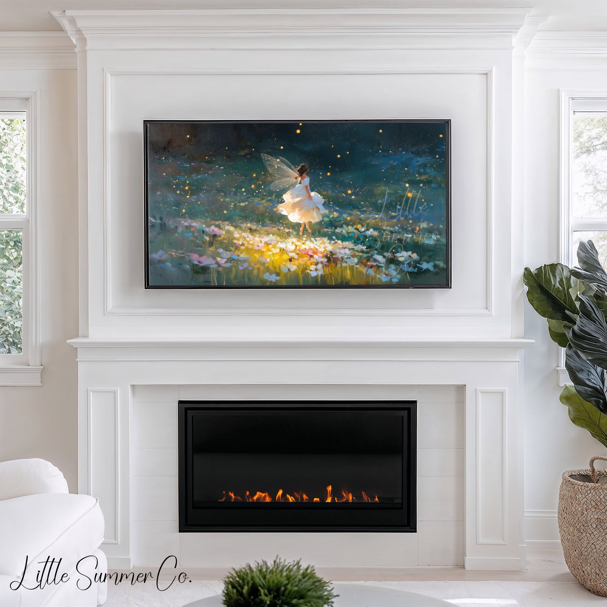 Fairy and Fireflies Frame TV Art displayed on a TV