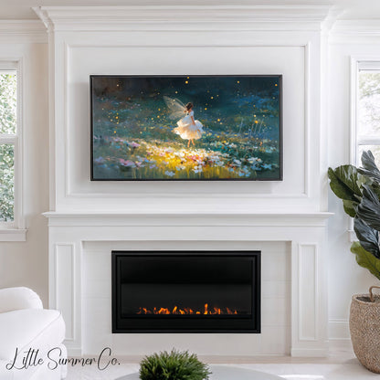 Fairy and Fireflies Frame TV Art displayed on a TV