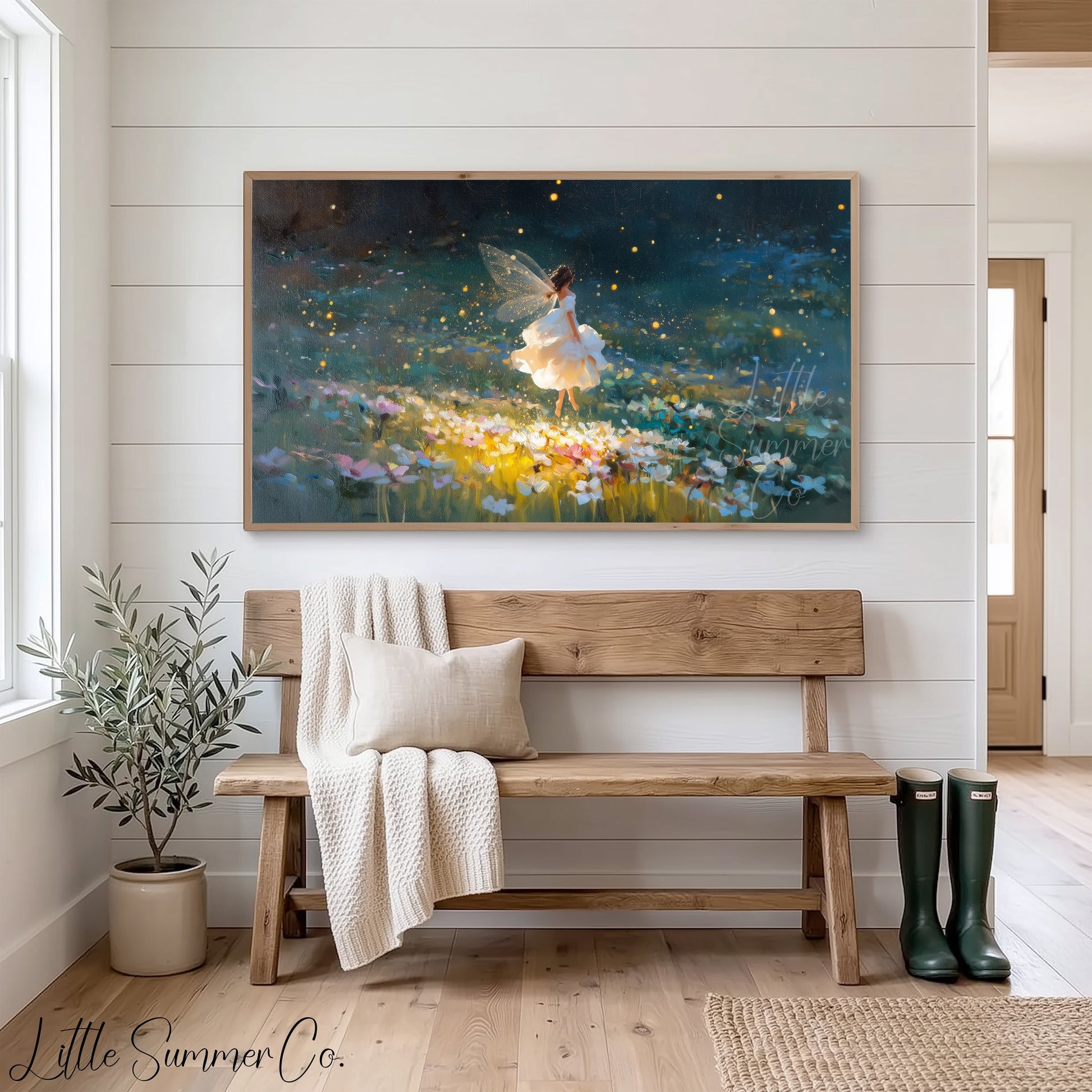 Fairy and Fireflies Frame TV Art displayed on a TV