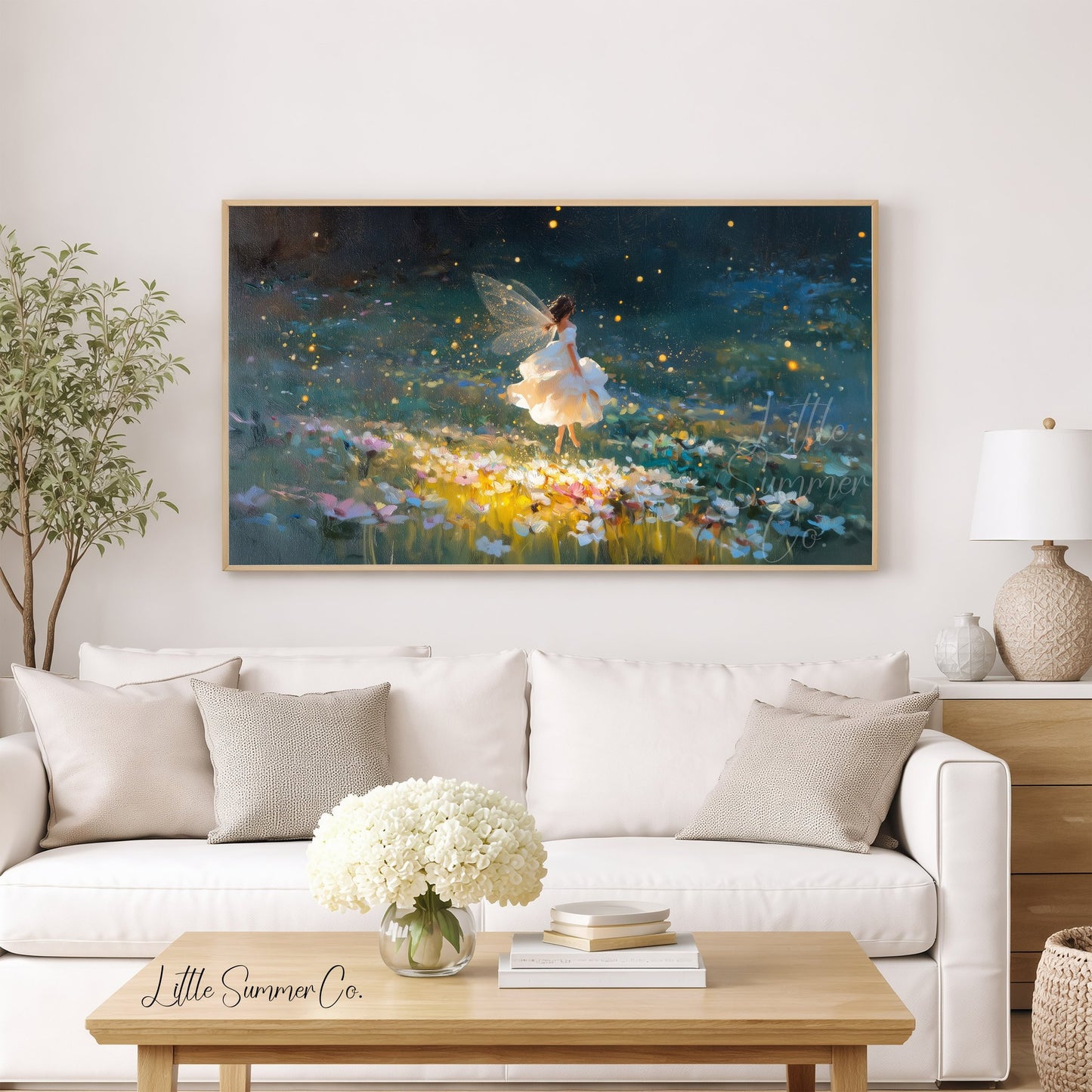 Fairy and Fireflies Frame TV Art displayed on a TV