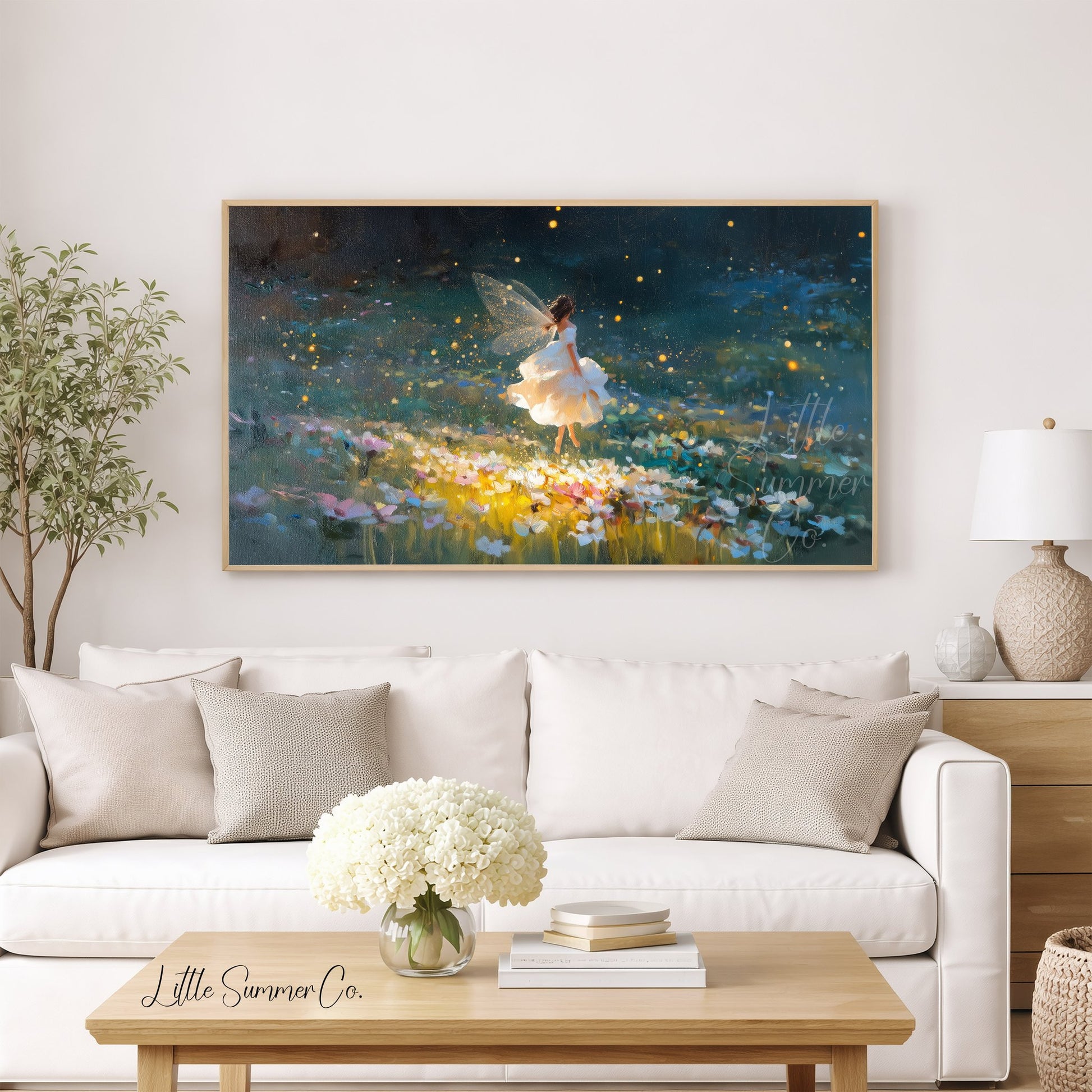 Fairy and Fireflies Frame TV Art displayed on a TV