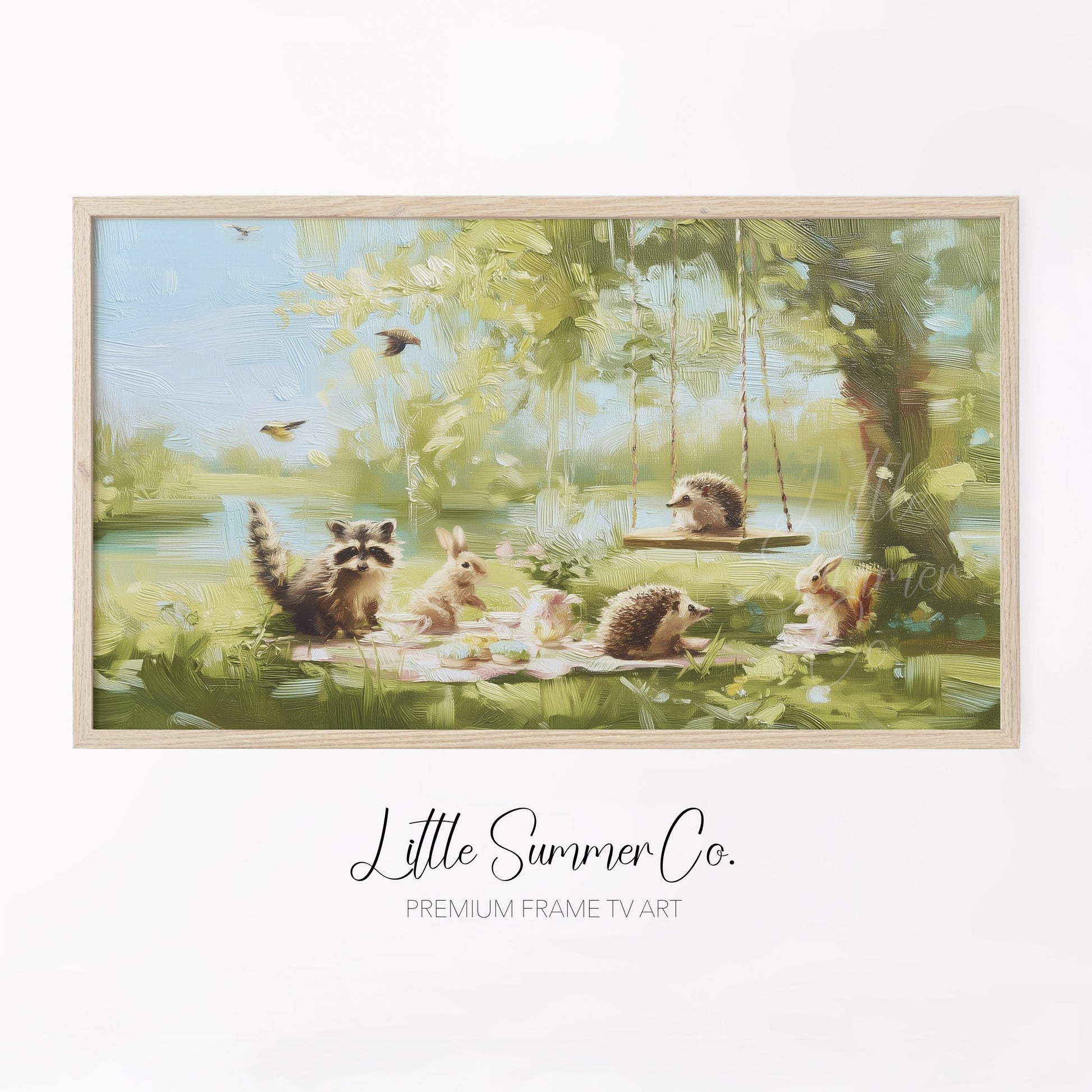 Woodland Creatures Picnic Frame TV Art displayed on a TV