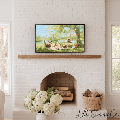 Woodland Creatures Picnic Frame TV Art displayed on a TV