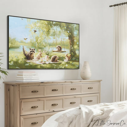 Woodland Creatures Picnic Frame TV Art displayed on a TV